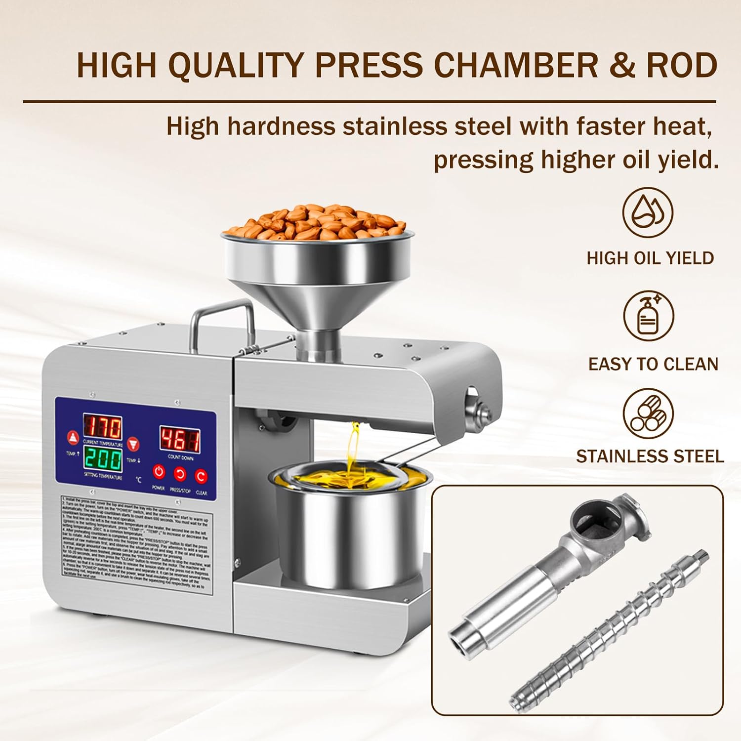 Oil Press Machine, 820W Home Commercial Automatic Oil Press Extractor, Steel Stainless Electric Cold & Hot Press Oil Expeller for Peanut Sesame Soybean Sunflower Seeds Walnuts